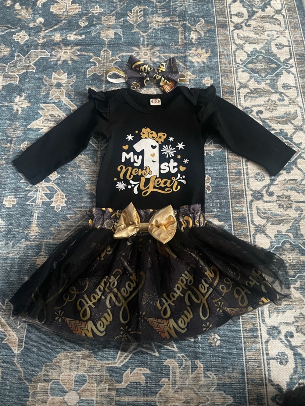 Girl’s Black and Gold 'My 1st Year' Tutu Dress with Bow Headband, 0-3 month